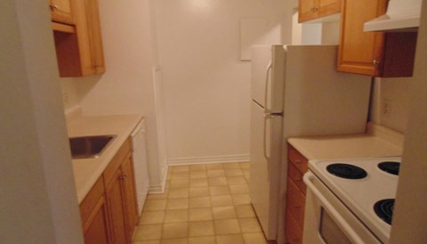 A kitchen with a refrigerator, stove, and sink.